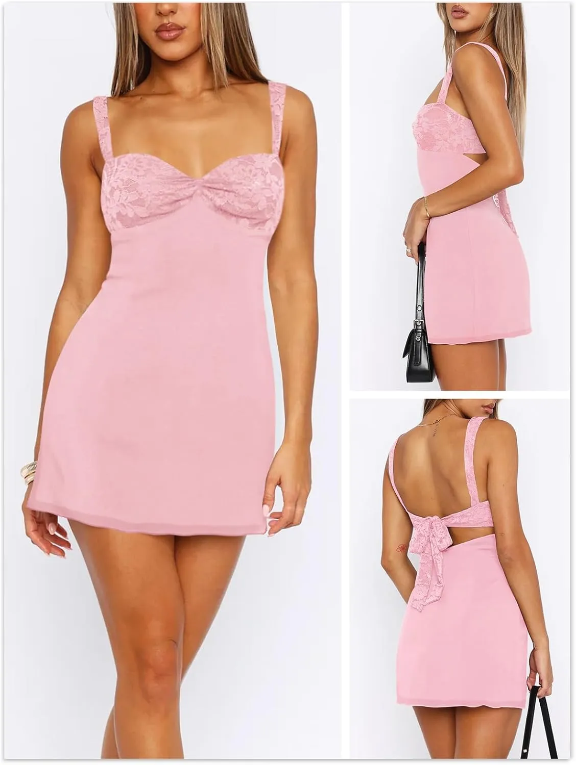 Women's Summer Mini Dresses Sleeveless Sexy Square Neck Lace Splicing Cocktail Party Straps Bodycon Dress