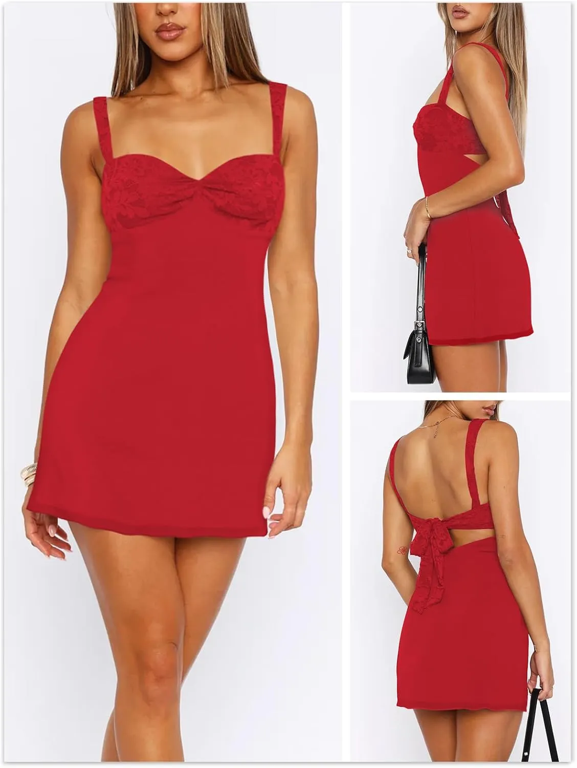 Women's Summer Mini Dresses Sleeveless Sexy Square Neck Lace Splicing Cocktail Party Straps Bodycon Dress