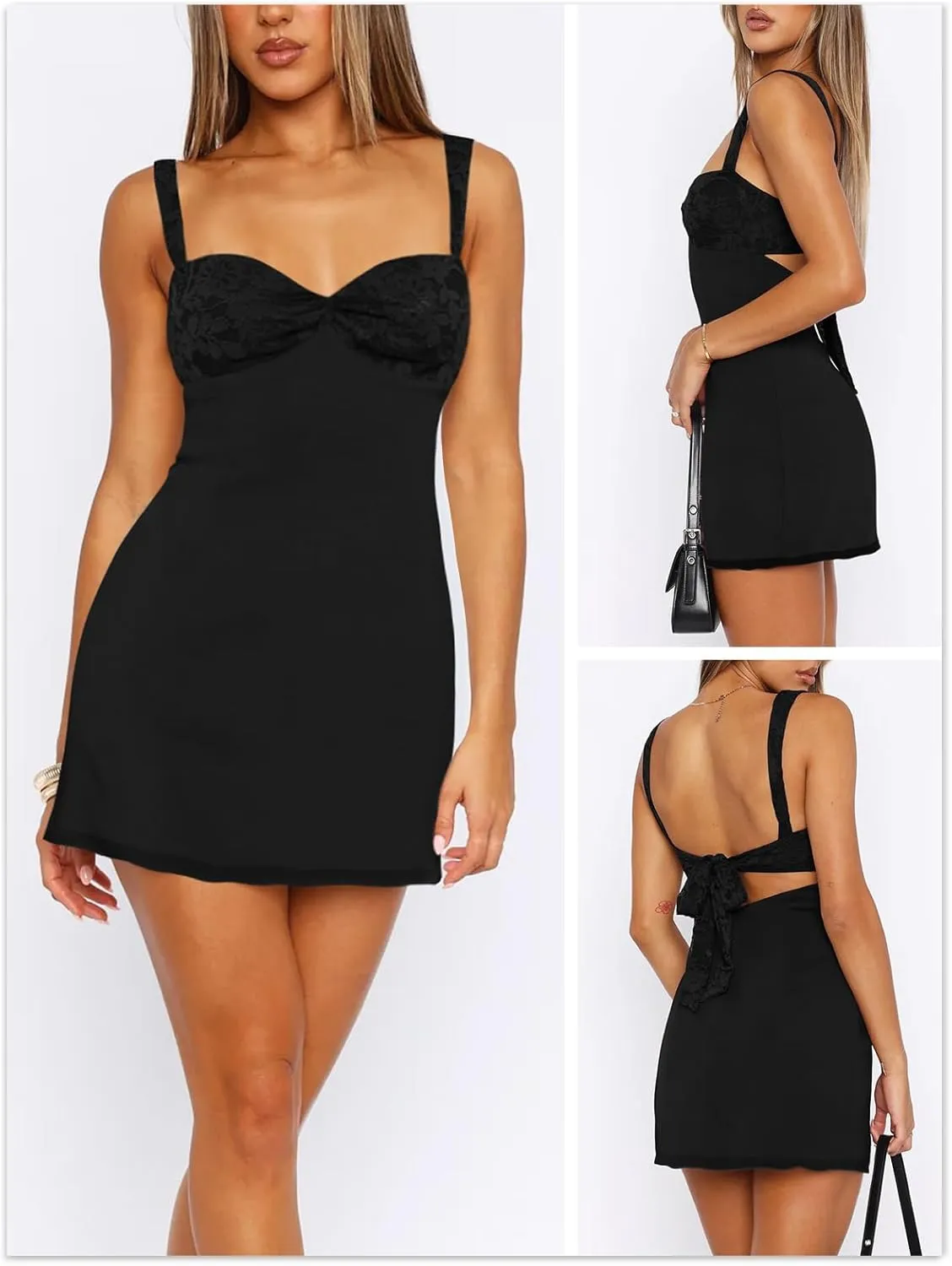Women's Summer Mini Dresses Sleeveless Sexy Square Neck Lace Splicing Cocktail Party Straps Bodycon Dress
