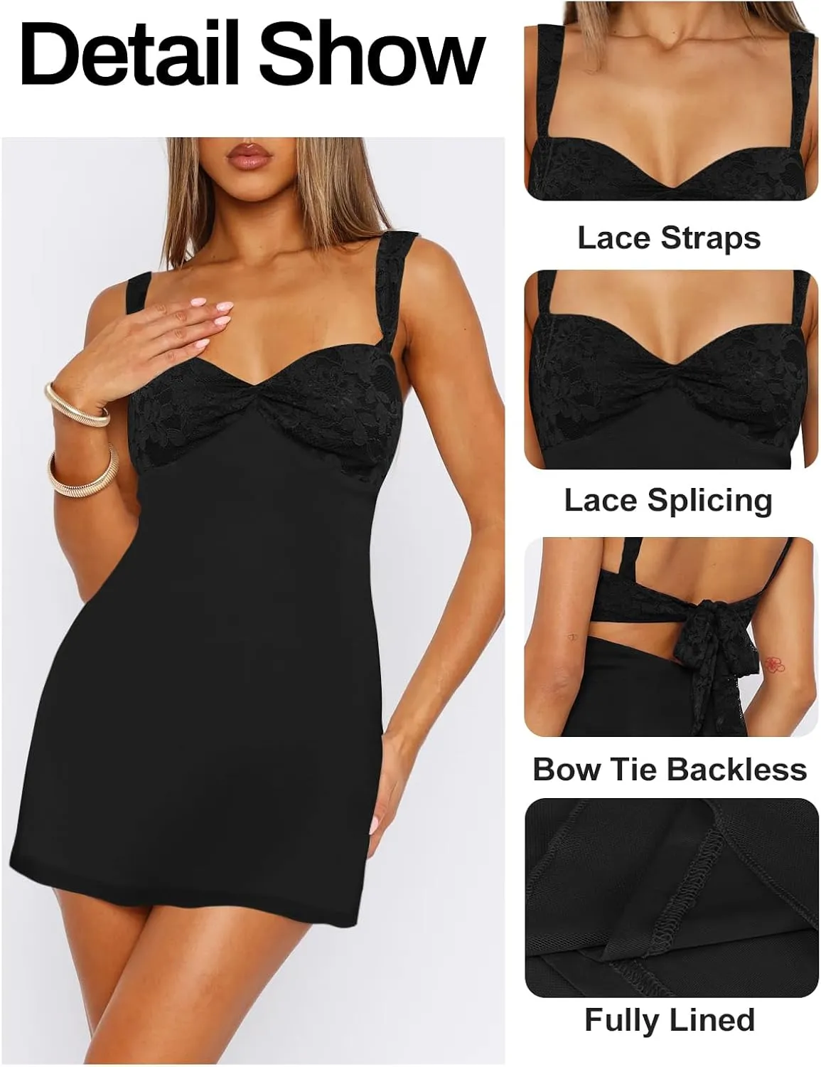 Women's Summer Mini Dresses Sleeveless Sexy Square Neck Lace Splicing Cocktail Party Straps Bodycon Dress