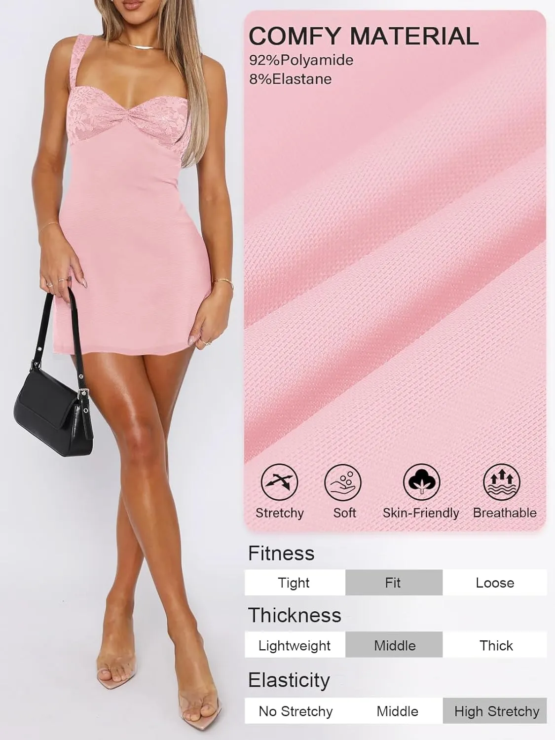 Women's Summer Mini Dresses Sleeveless Sexy Square Neck Lace Splicing Cocktail Party Straps Bodycon Dress