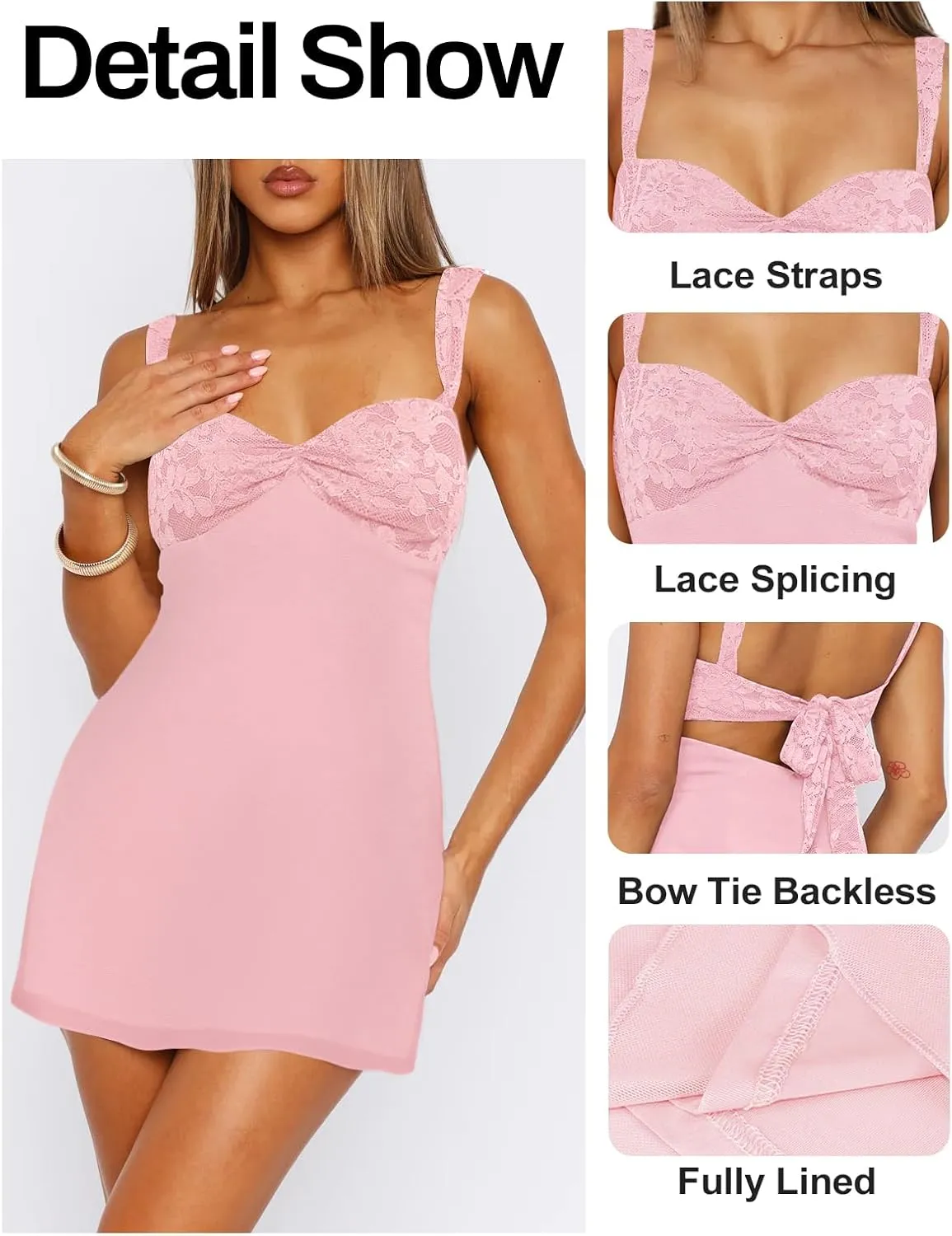 Women's Summer Mini Dresses Sleeveless Sexy Square Neck Lace Splicing Cocktail Party Straps Bodycon Dress