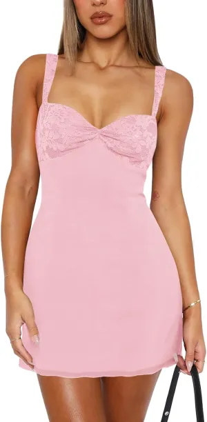 Women's Summer Mini Dresses Sleeveless Sexy Square Neck Lace Splicing Cocktail Party Straps Bodycon Dress