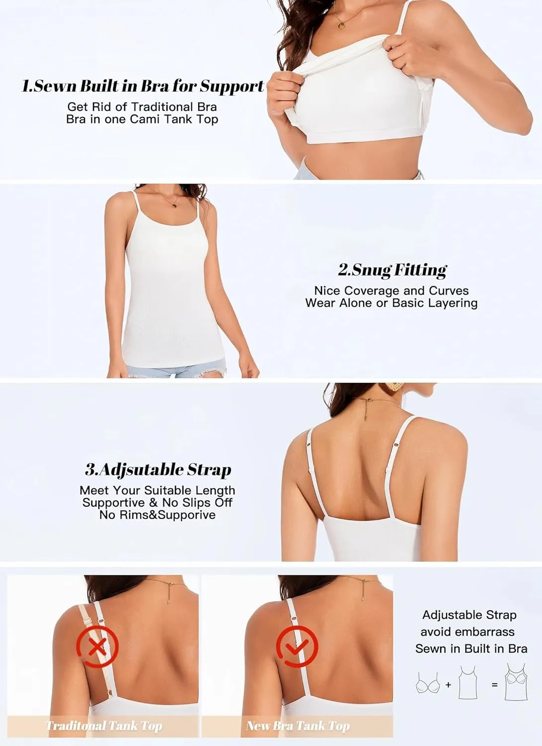 Womens Tank Tops Adjustable Strap Camisole with Built in Padded Bra Vest Sleeveless Layer Top 1/2/3 Packs