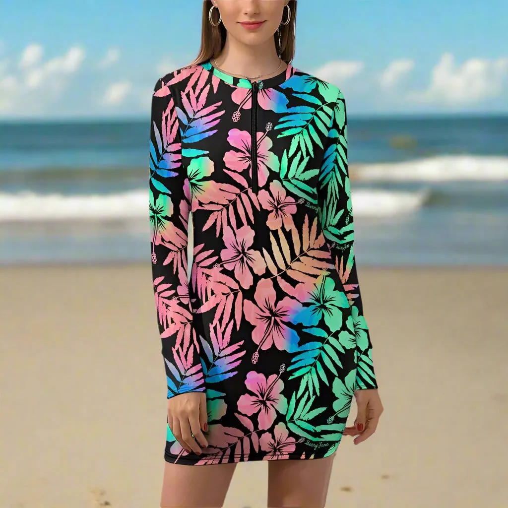 Women's UPF50 Beach Dress Cover-up, Zip Front, Hawaiian Floral