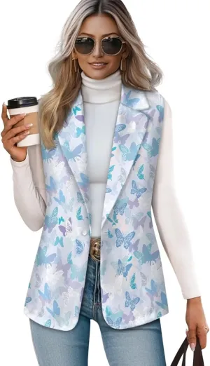 Womens Vest Blazer Sleeveless Vest for Ladies Work Lapel Collar Jacket Coat Casual Loose Long Blazer Jackets