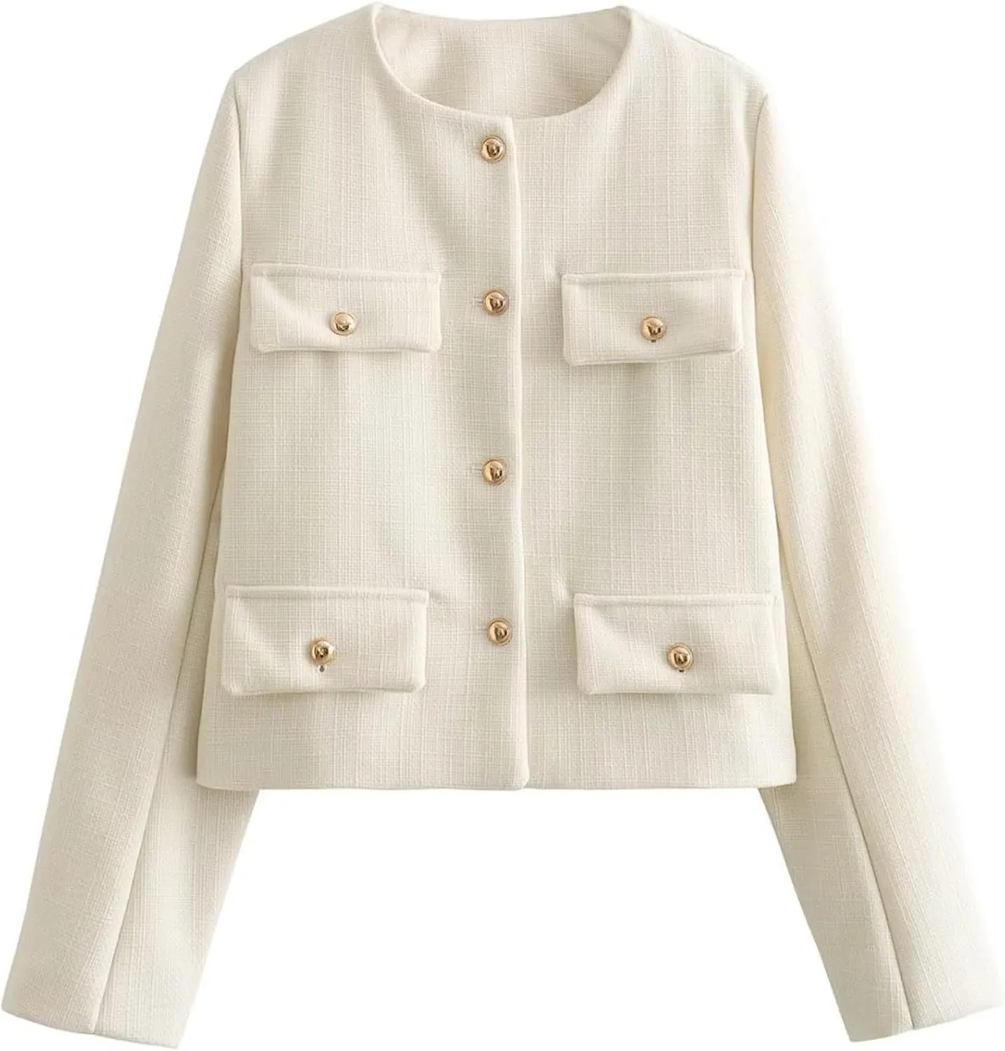 Wyeysyt Tweed Blazers for Women Collarless Tweed Jackets Button Down Crop Blazer Jacket Business Outfits with Pockets