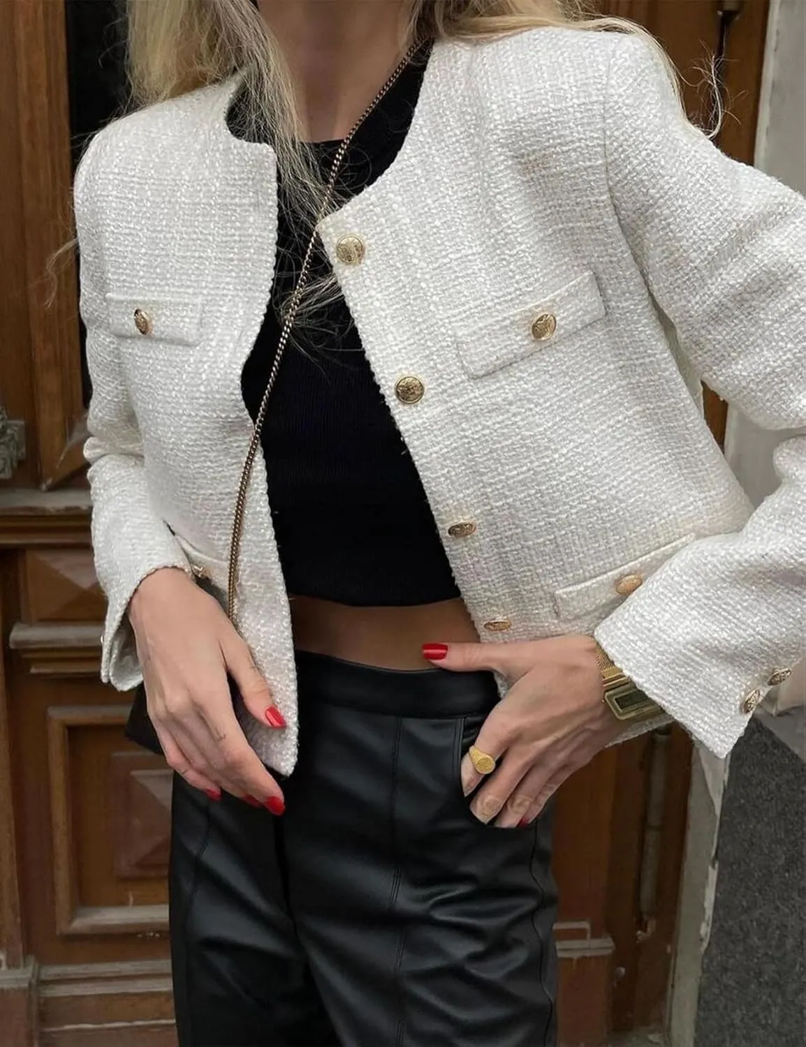 Wyeysyt Tweed Blazers for Women Collarless Tweed Jackets Button Down Crop Blazer Jacket Business Outfits with Pockets