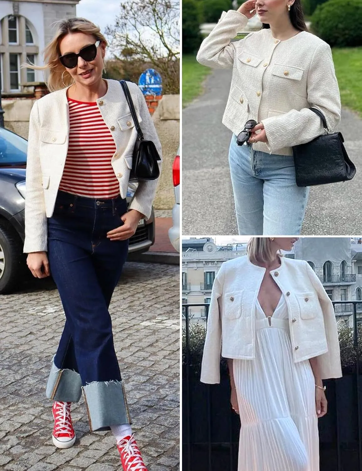 Wyeysyt Tweed Blazers for Women Collarless Tweed Jackets Button Down Crop Blazer Jacket Business Outfits with Pockets