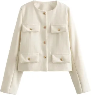 Wyeysyt Tweed Blazers for Women Collarless Tweed Jackets Button Down Crop Blazer Jacket Business Outfits with Pockets