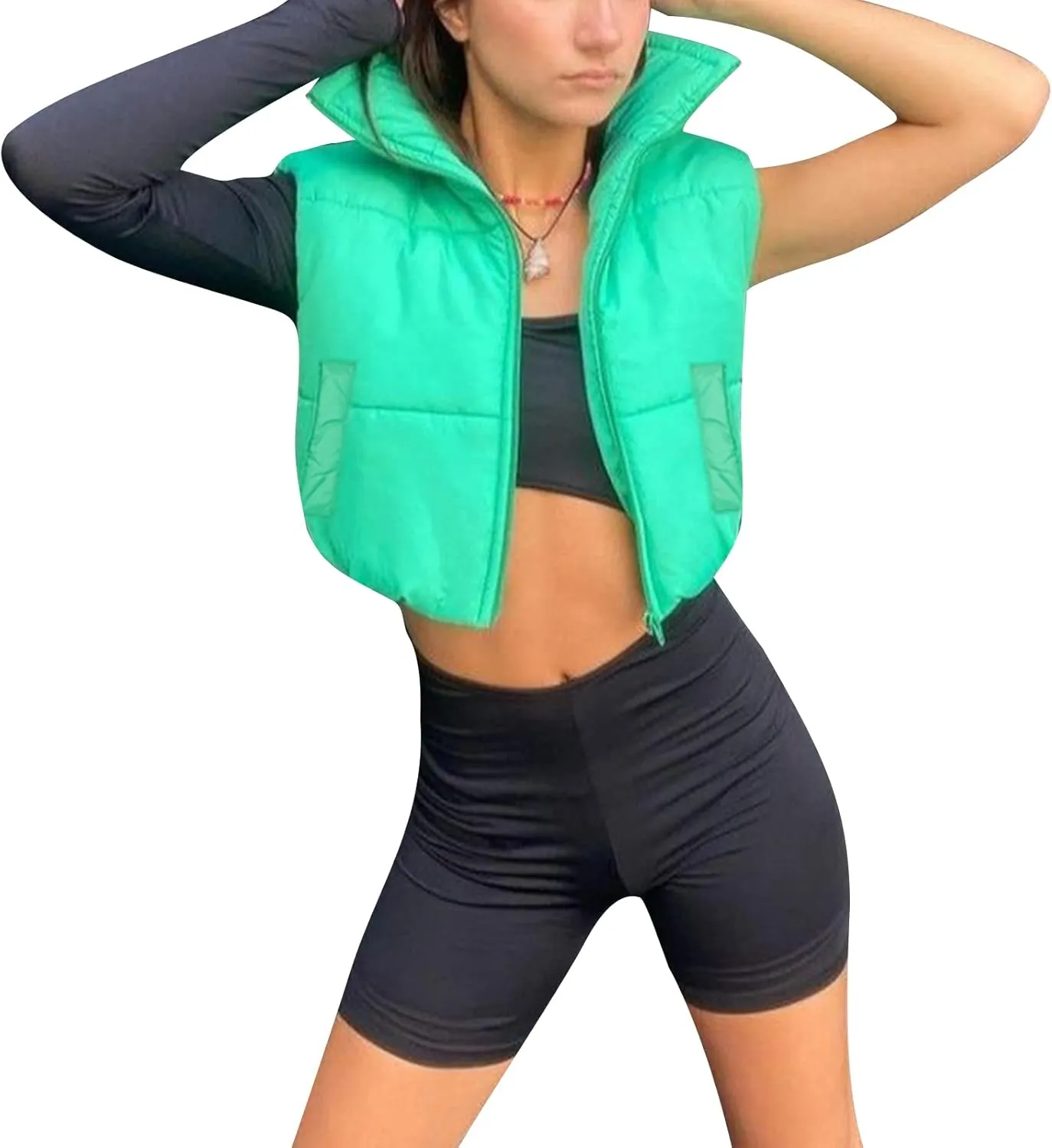 XBTCLXEBCO Womens Cropped Puffer Vest Jacket Lightweight Sleeveless Stand Collar Zip Up Outerwear Warm Padded Down Vest