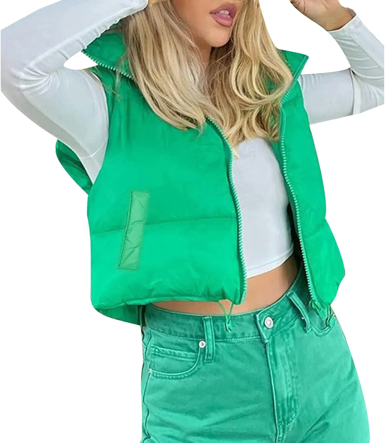XBTCLXEBCO Womens Cropped Puffer Vest Jacket Lightweight Sleeveless Stand Collar Zip Up Outerwear Warm Padded Down Vest