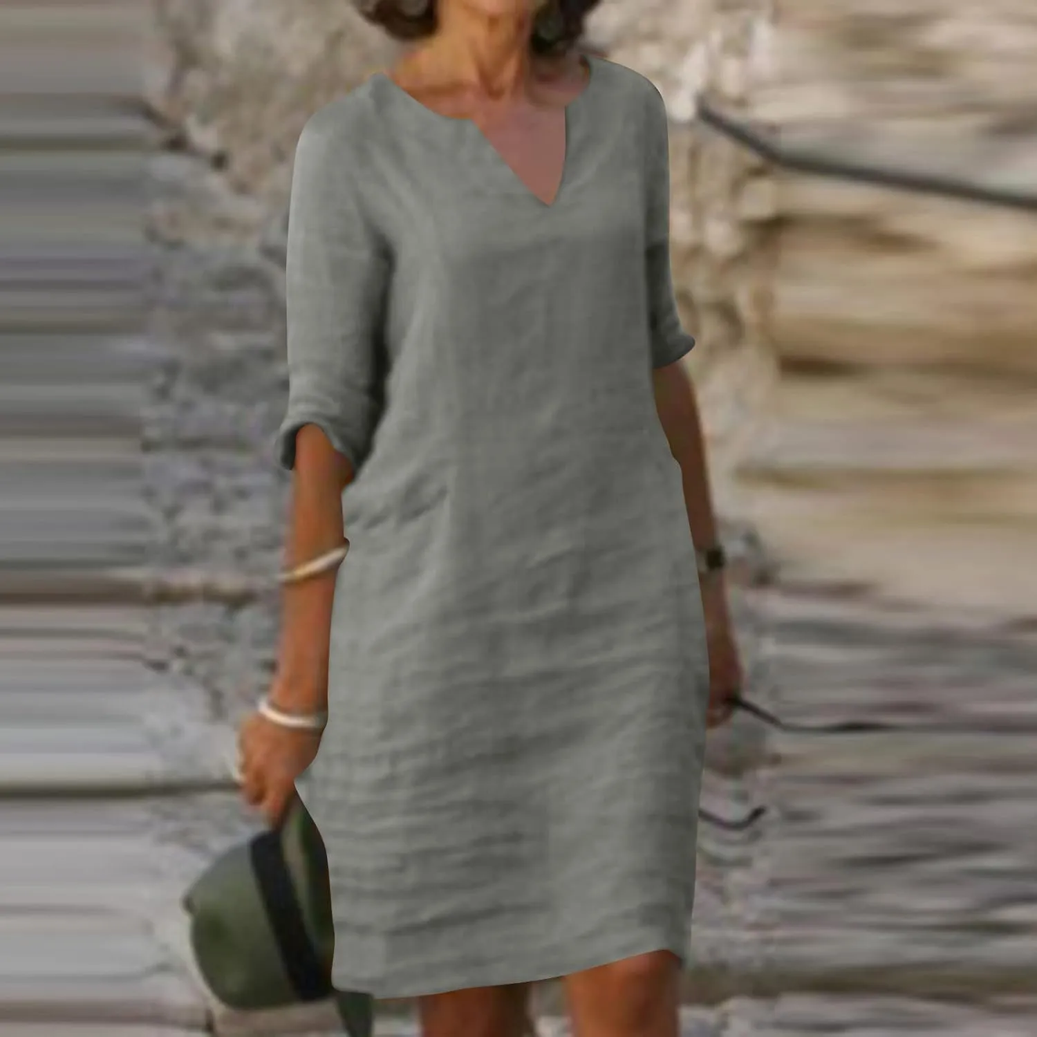 XUNRYAN Summer Linen Dresses Women 2023 Trendy Casual V Neck Half Sleeve Knee Length Dress Mature Ladies Fashion Clothing