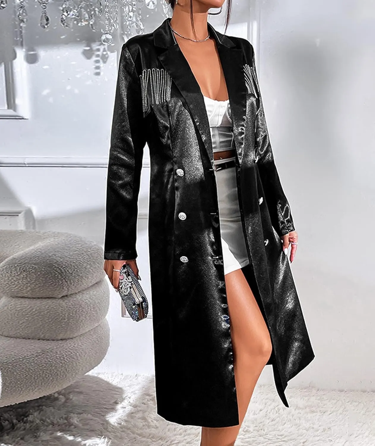 xxxiticat Women's Tassel Double Breasted Trench Coat Long Sleeve Lapel Collar Button Down Fringe Split Satin Slip Jacket