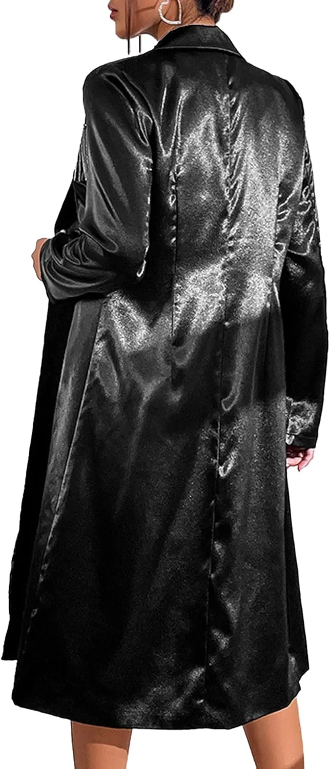 xxxiticat Women's Tassel Double Breasted Trench Coat Long Sleeve Lapel Collar Button Down Fringe Split Satin Slip Jacket