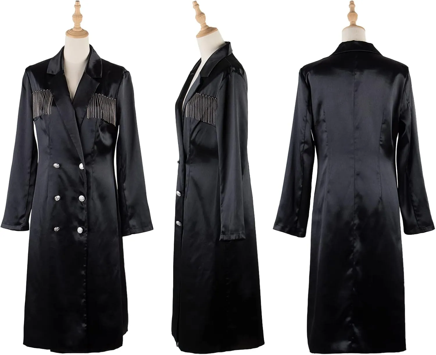 xxxiticat Women's Tassel Double Breasted Trench Coat Long Sleeve Lapel Collar Button Down Fringe Split Satin Slip Jacket