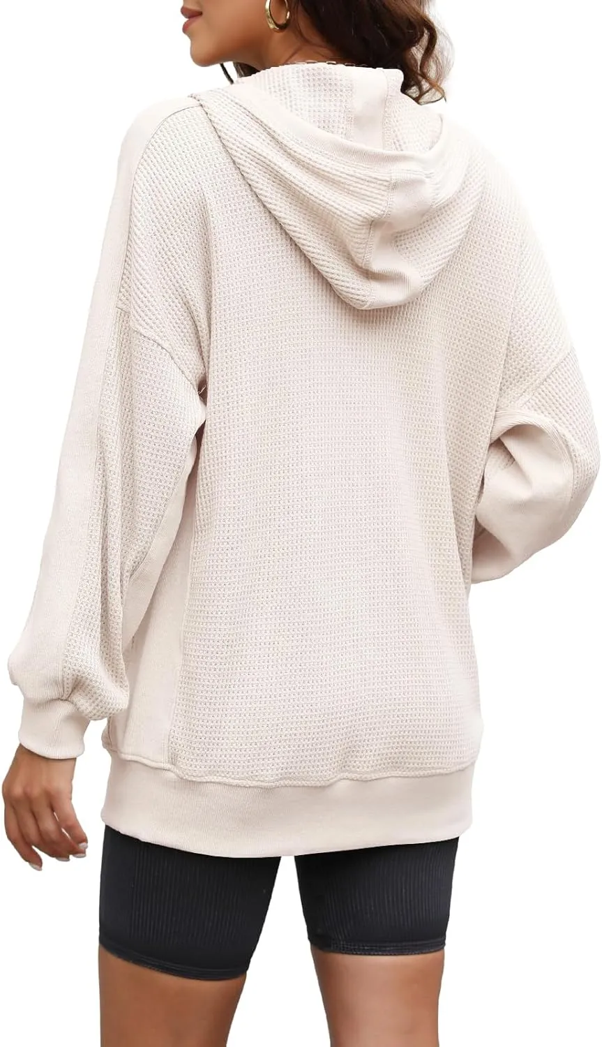 Yanekop Womens Oversized Fall Jackets Zip Up Hoodie Jacket Coat Waffle Knit Shacket Fall Outfits with Pocket
