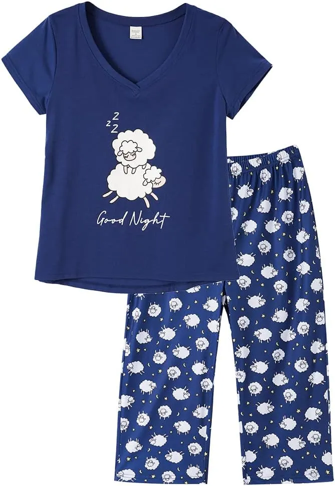YIJIU Women Soft Comfy Pajamas Cute Cat Short Sleeve Capri Pants PJS Set