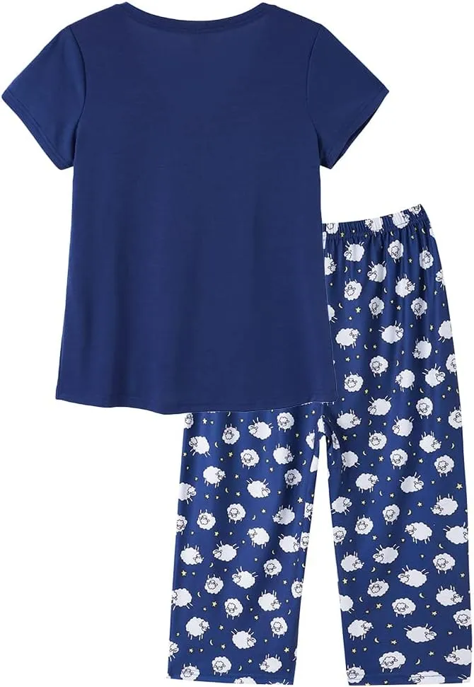 YIJIU Women Soft Comfy Pajamas Cute Cat Short Sleeve Capri Pants PJS Set