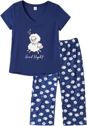 YIJIU Women Soft Comfy Pajamas Cute Cat Short Sleeve Capri Pants PJS Set