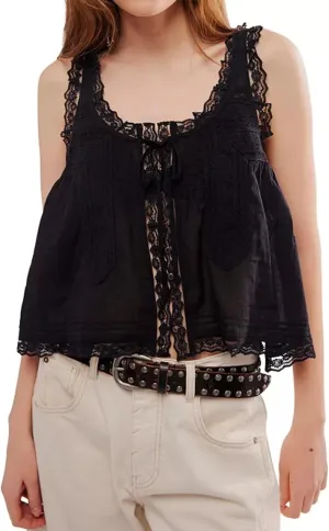 Yimoon Women Lace Trim Tank Tops Front Tie Button Front Crop Vest Y2K Going Out Tops Cute Summer Cami Sleeveless Shirt