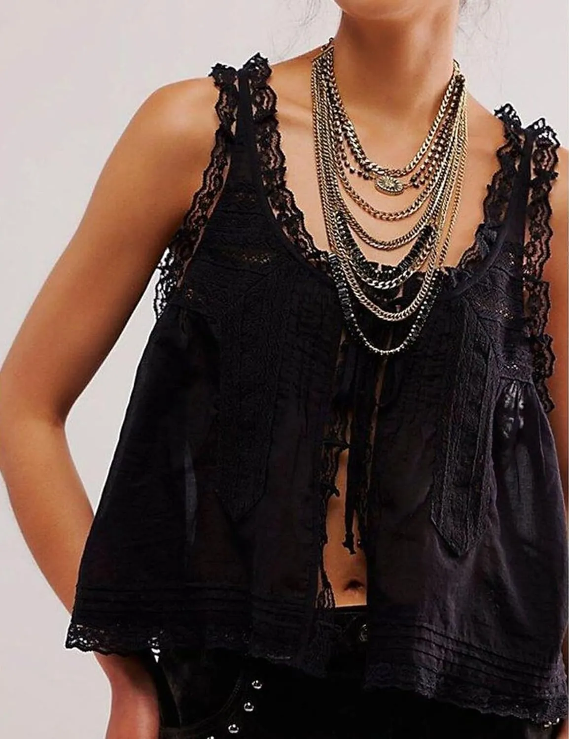 Yimoon Women Lace Trim Tank Tops Front Tie Button Front Crop Vest Y2K Going Out Tops Cute Summer Cami Sleeveless Shirt