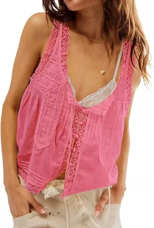 Yimoon Women Lace Trim Tank Tops Front Tie Button Front Crop Vest Y2K Going Out Tops Cute Summer Cami Sleeveless Shirt