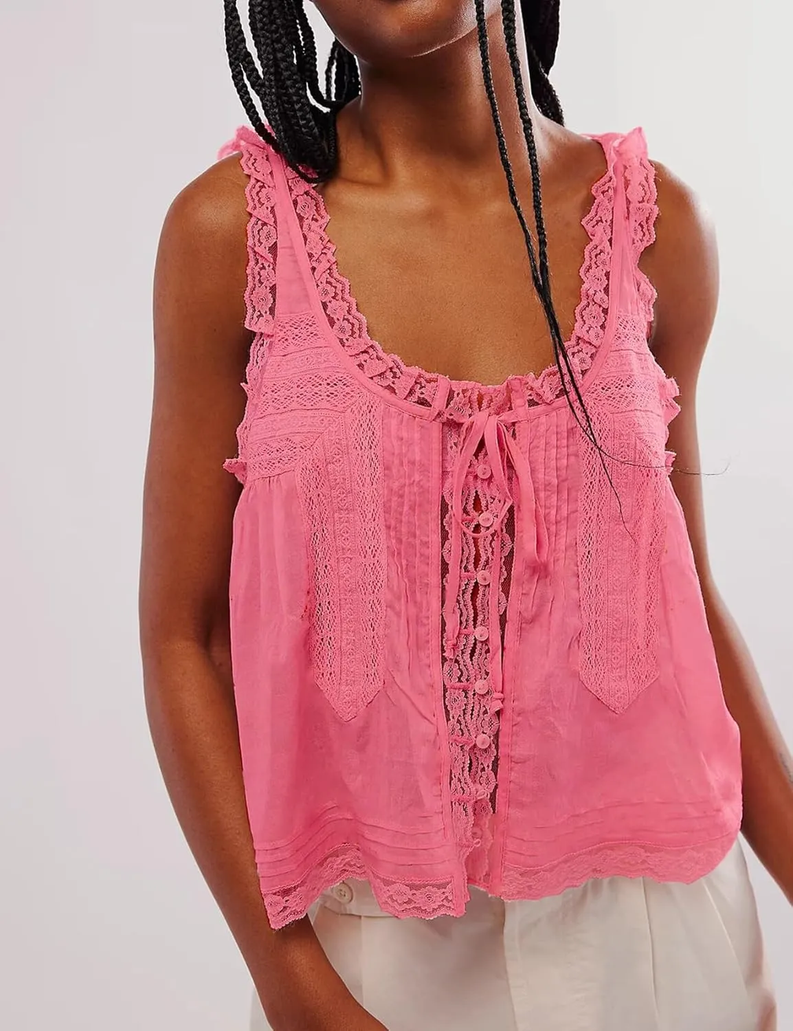 Yimoon Women Lace Trim Tank Tops Front Tie Button Front Crop Vest Y2K Going Out Tops Cute Summer Cami Sleeveless Shirt