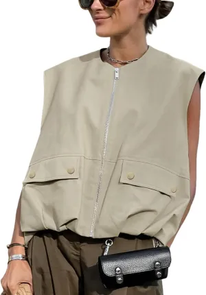 Yimoon Womens Oversized Zip Up Cargo Vest Casual Ruched Hem Sleeveless Blazer Jackets Vest Top with Pockets