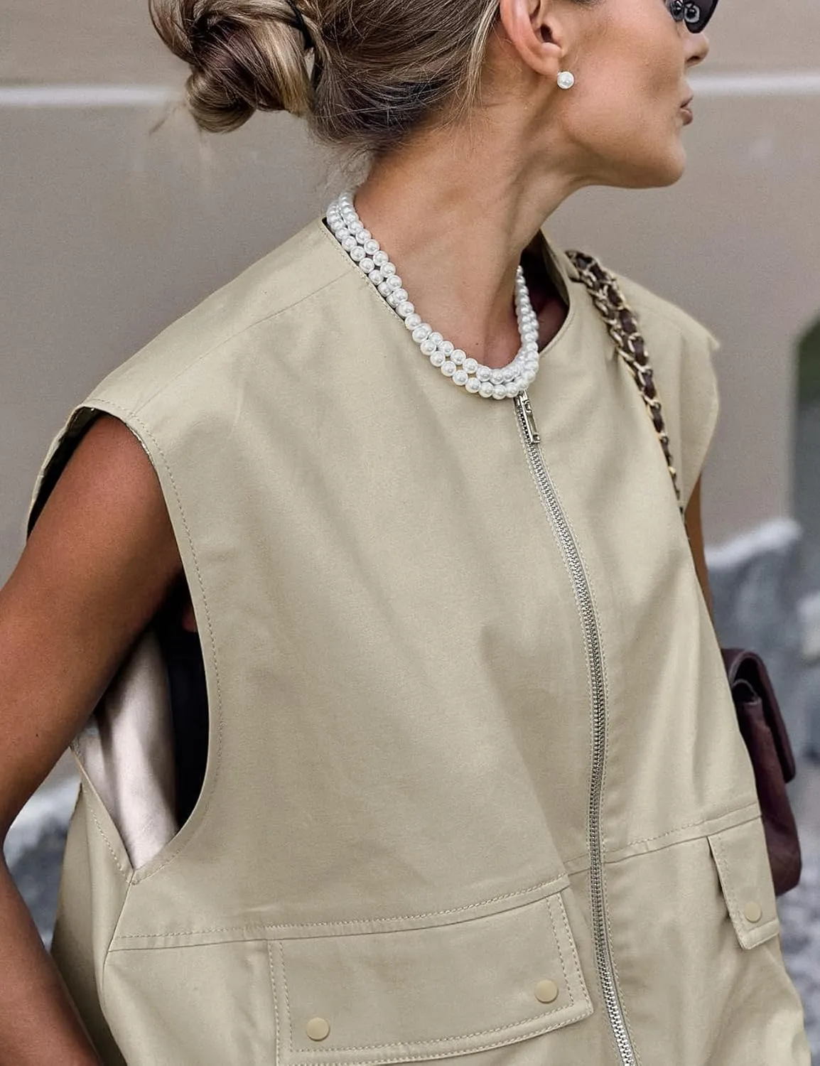 Yimoon Womens Oversized Zip Up Cargo Vest Casual Ruched Hem Sleeveless Blazer Jackets Vest Top with Pockets