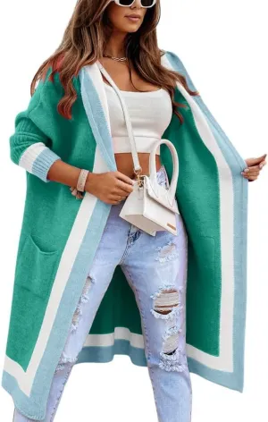 yoeasy Women's Color Block Striped Hooded Knit Long Cardigan Sweaters Oversized Open Front Long Sleeve Outwear Coat
