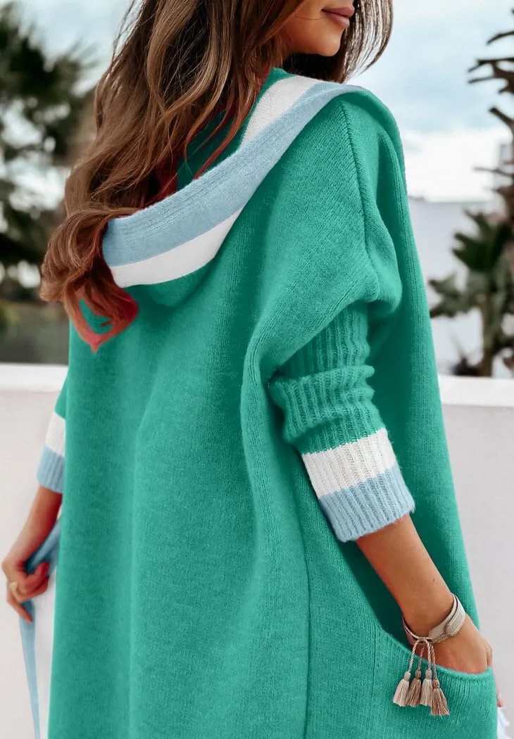 yoeasy Women's Color Block Striped Hooded Knit Long Cardigan Sweaters Oversized Open Front Long Sleeve Outwear Coat