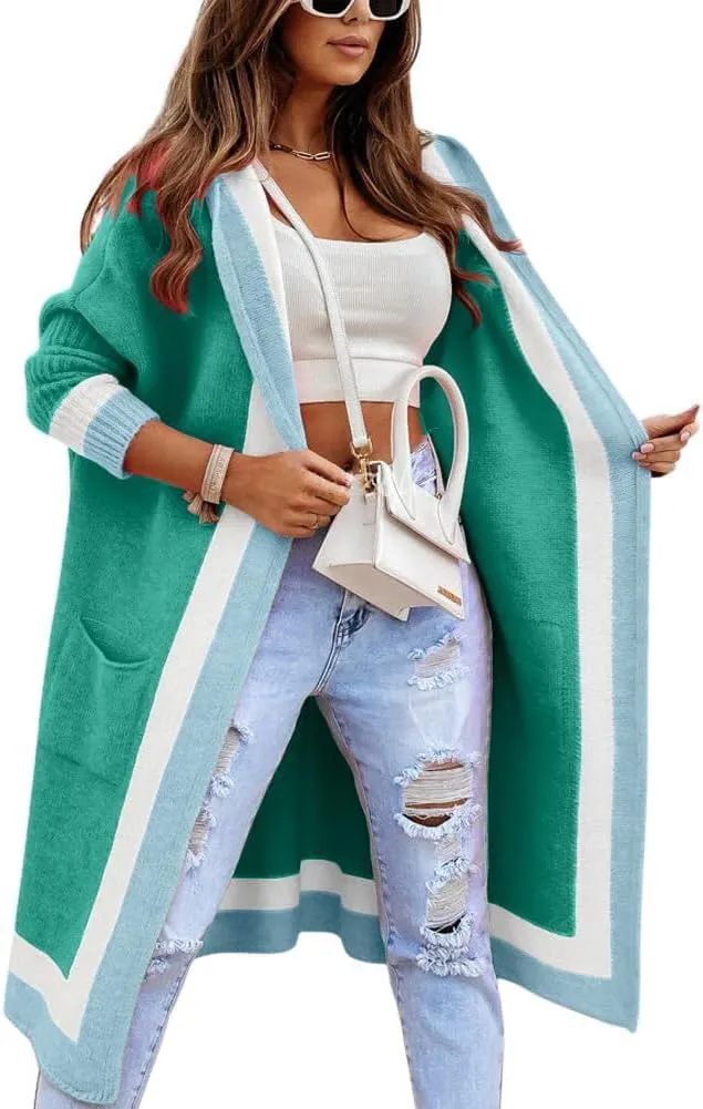 yoeasy Women's Color Block Striped Hooded Knit Long Cardigan Sweaters Oversized Open Front Long Sleeve Outwear Coat