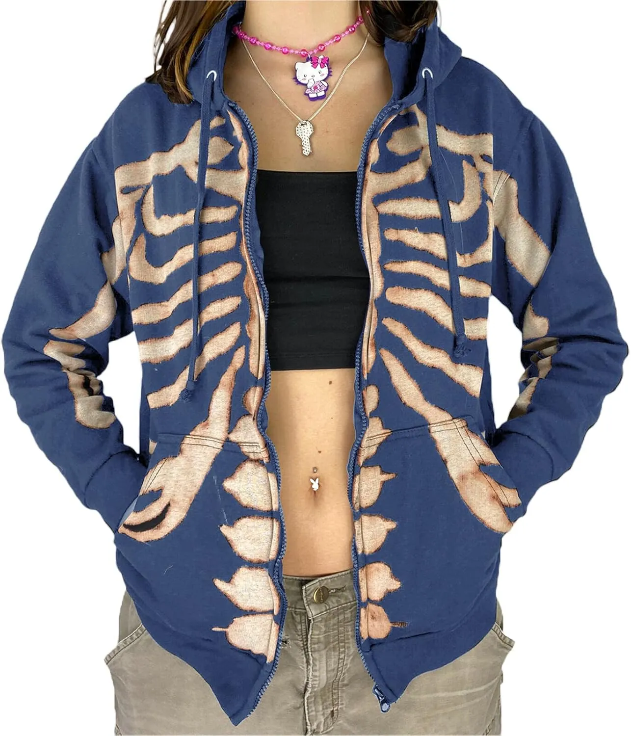 Yuemengxuan Women's Vintage Graphic Print Oversized Hoodies Zip Up Long Sleeve Sweatshirt Y2K Hip-pop Pullover Jackets