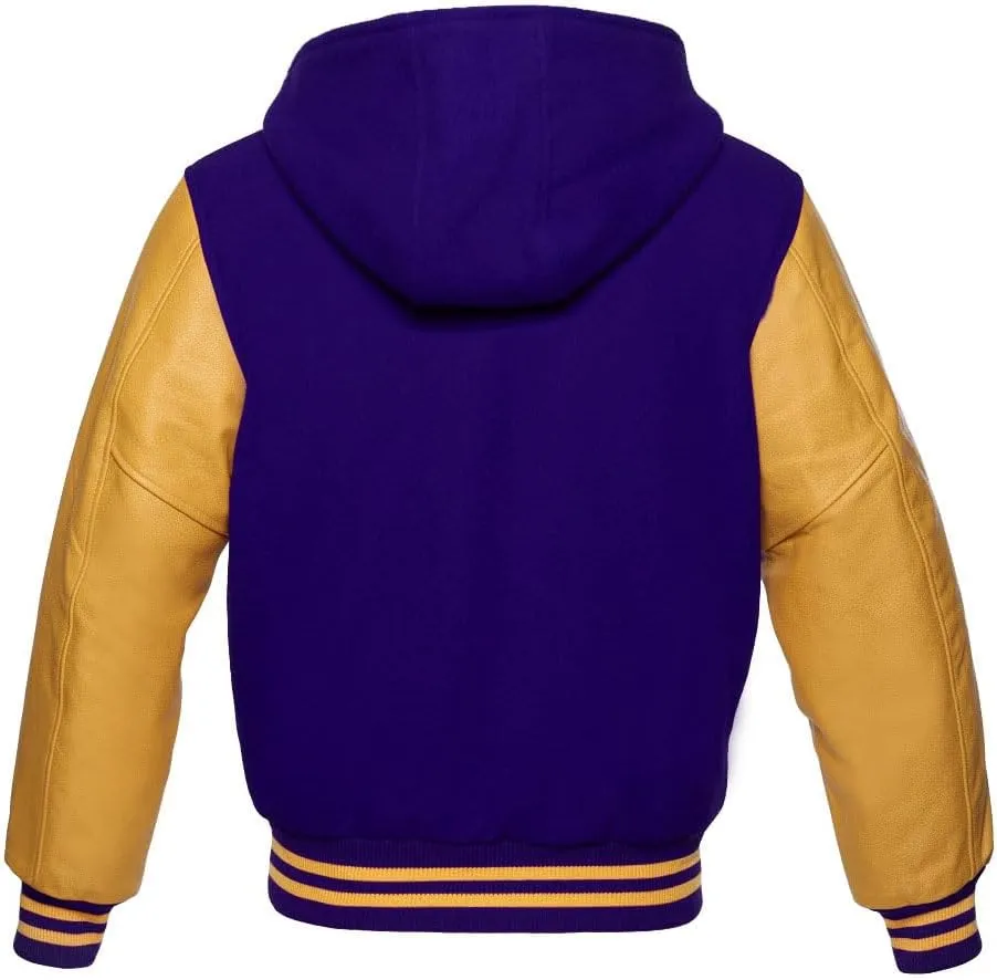 Zaine Enterprises Varsity Hoodie Letterman Letterman Bomber Wool & Genuine Gold Leather Sleeves Zipper Jacket