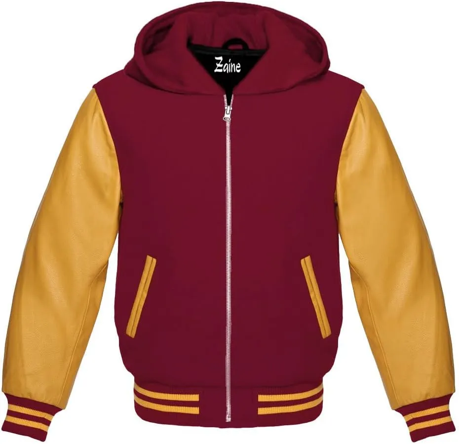 Zaine Enterprises Varsity Hoodie Letterman Letterman Bomber Wool & Genuine Gold Leather Sleeves Zipper Jacket