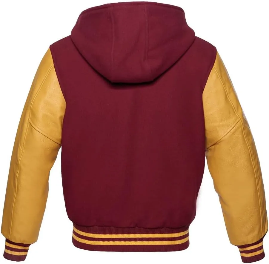 Zaine Enterprises Varsity Hoodie Letterman Letterman Bomber Wool & Genuine Gold Leather Sleeves Zipper Jacket