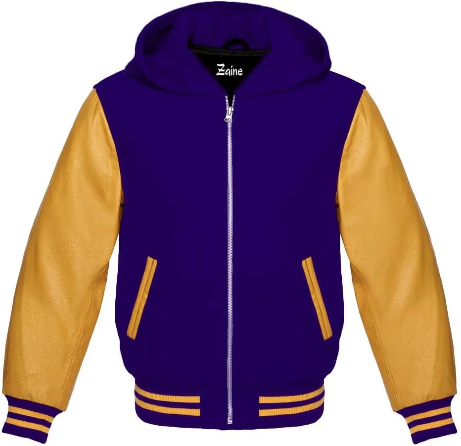 Zaine Enterprises Varsity Hoodie Letterman Letterman Bomber Wool & Genuine Gold Leather Sleeves Zipper Jacket