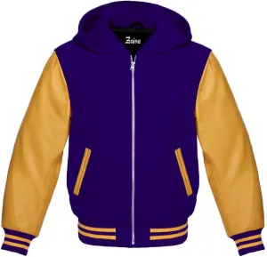 Zaine Enterprises Varsity Hoodie Letterman Letterman Bomber Wool & Genuine Gold Leather Sleeves Zipper Jacket