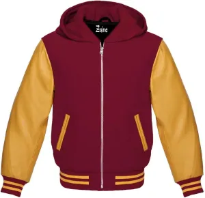 Zaine Enterprises Varsity Hoodie Letterman Letterman Bomber Wool & Genuine Gold Leather Sleeves Zipper Jacket
