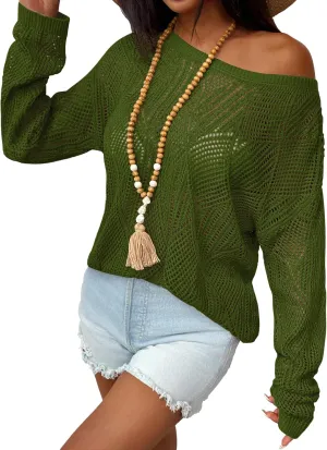 Zeagoo Crochet Tops for Women Off The Shoulder Sweaters Summer Long Sleeve Hollow Out Knit Beach Clothes S-XXL