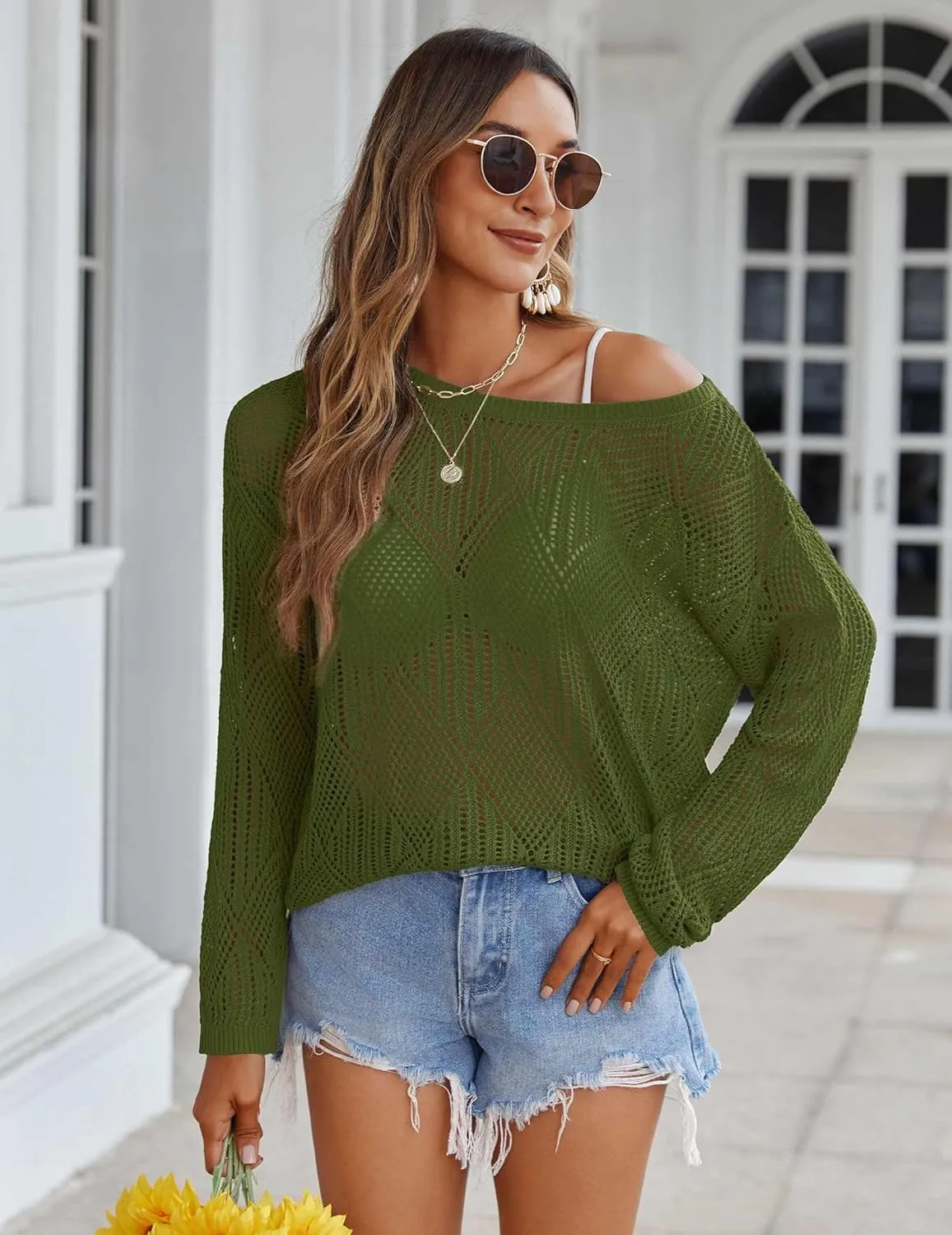 Zeagoo Crochet Tops for Women Off The Shoulder Sweaters Summer Long Sleeve Hollow Out Knit Beach Clothes S-XXL