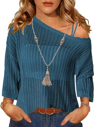 Zeagoo Womens Summer Tops Crochet Sweaters Resort Wear 3/4 Sleeve Hollow Out Knit Tops 2025 Beach Coverup