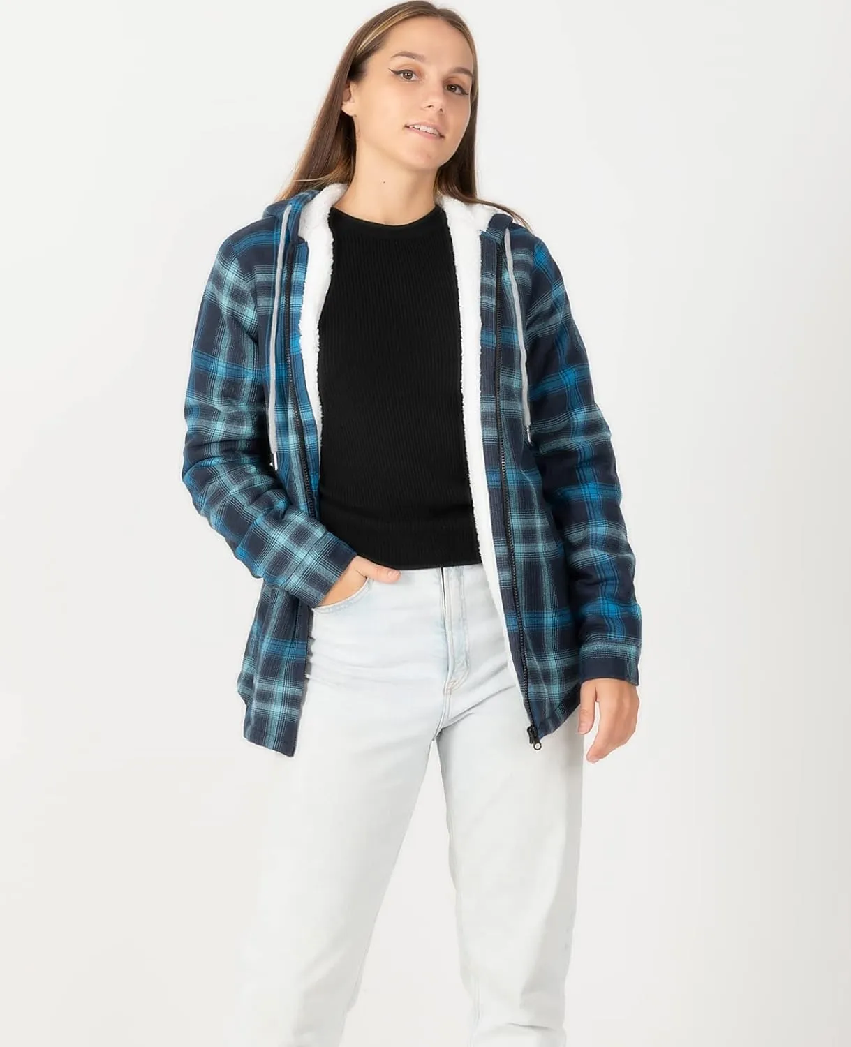 ZENTHACE Womens Sherpa Lined Flannel Jacket Full Zip Up Hooded Flannel Plaid Shirt Jacket with Side Pockets