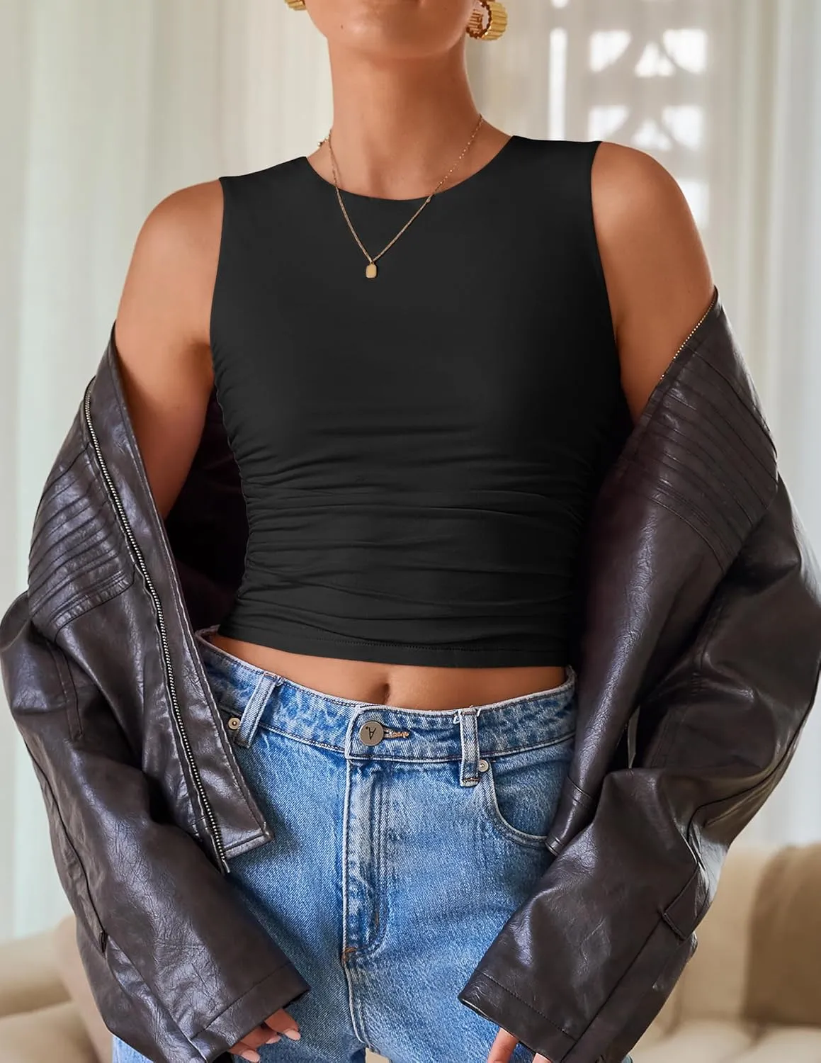 ZESICA Womens Summer Tank Tops 2024 Sleeveless Crewneck Knit Slim Fitted Side Ruched Casual Basic Shirt