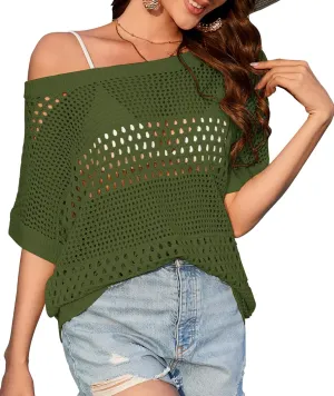 Zyyfly Women's Crochet Tops Summer Hollow Out Knit Lightweight Short Sleeve Sweater Beach Cover Up