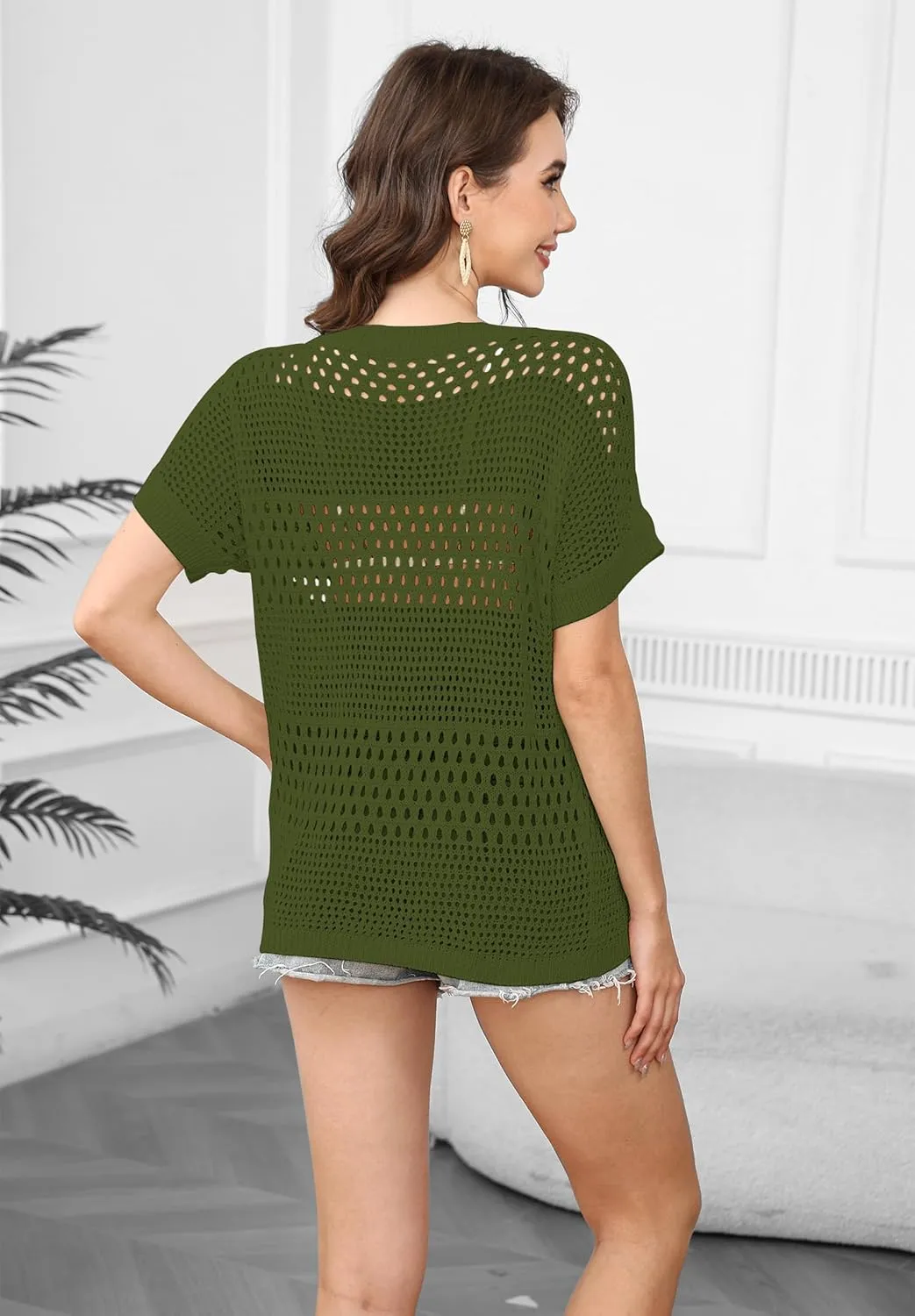 Zyyfly Women's Crochet Tops Summer Hollow Out Knit Lightweight Short Sleeve Sweater Beach Cover Up